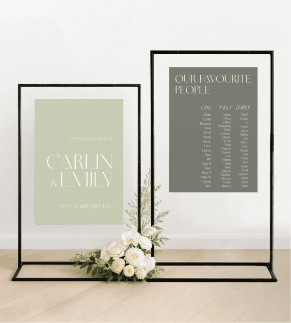 Matching wedding welcome sign and seating chart bundle featuring die-cut shapes and custom colours, printed on premium foamboard for semi-custom wedding styling.