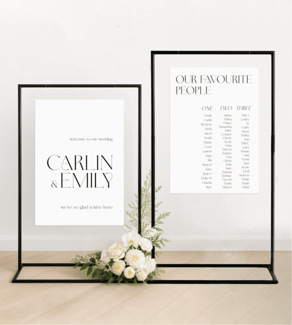 Matching wedding welcome sign and seating chart bundle featuring die-cut shapes and custom colours, printed on premium foamboard for semi-custom wedding styling.