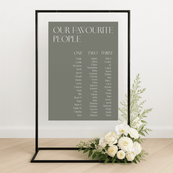 Modern semi-custom wedding seating chart on die-cut foamboard with personalised colours and layout, styled for an elegant reception setup.