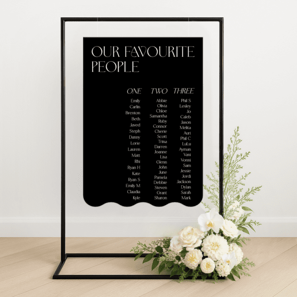 Modern semi-custom wedding seating chart on die-cut foamboard with personalised colours and layout, styled for an elegant reception setup.