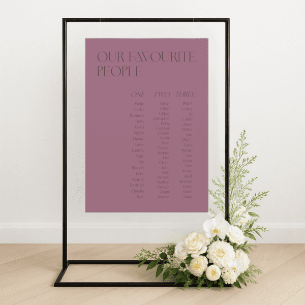Modern semi-custom wedding seating chart on die-cut foamboard with personalised colours and layout, styled for an elegant reception setup.