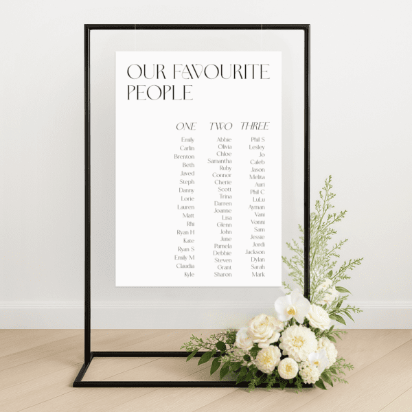 Modern semi-custom wedding seating chart on die-cut foamboard with personalised colours and layout, styled for an elegant reception setup.