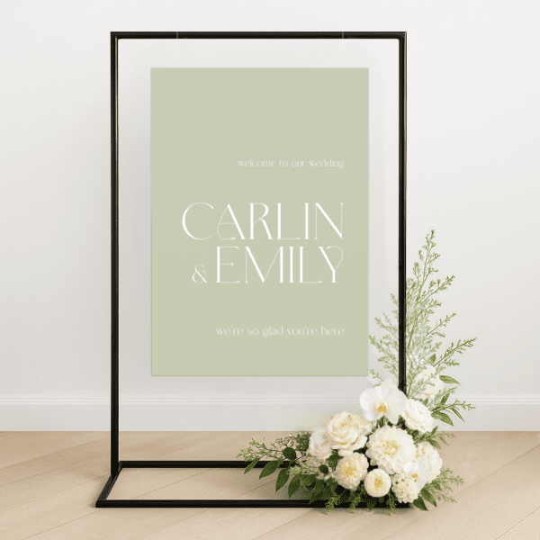 Semi-custom wedding welcome sign printed on premium die-cut foamboard, styled with personalised colours to match a modern wedding aesthetic.