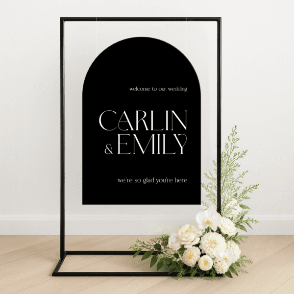 Semi-custom wedding welcome sign printed on premium die-cut foamboard, styled with personalised colours to match a modern wedding aesthetic.
