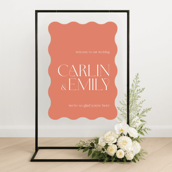 Semi-custom wedding welcome sign printed on premium die-cut foamboard, styled with personalised colours to match a modern wedding aesthetic.
