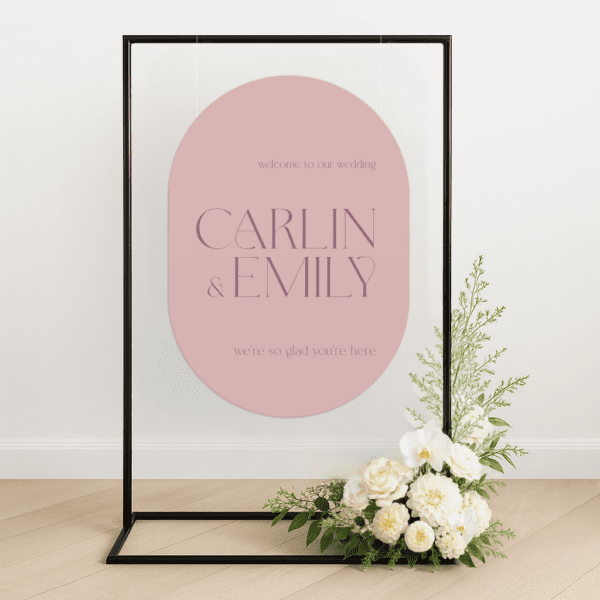 Semi-custom wedding welcome sign printed on premium die-cut foamboard, styled with personalised colours to match a modern wedding aesthetic.