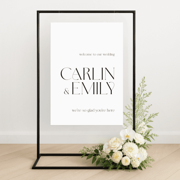 Semi-custom wedding welcome sign printed on premium die-cut foamboard, styled with personalised colours to match a modern wedding aesthetic.