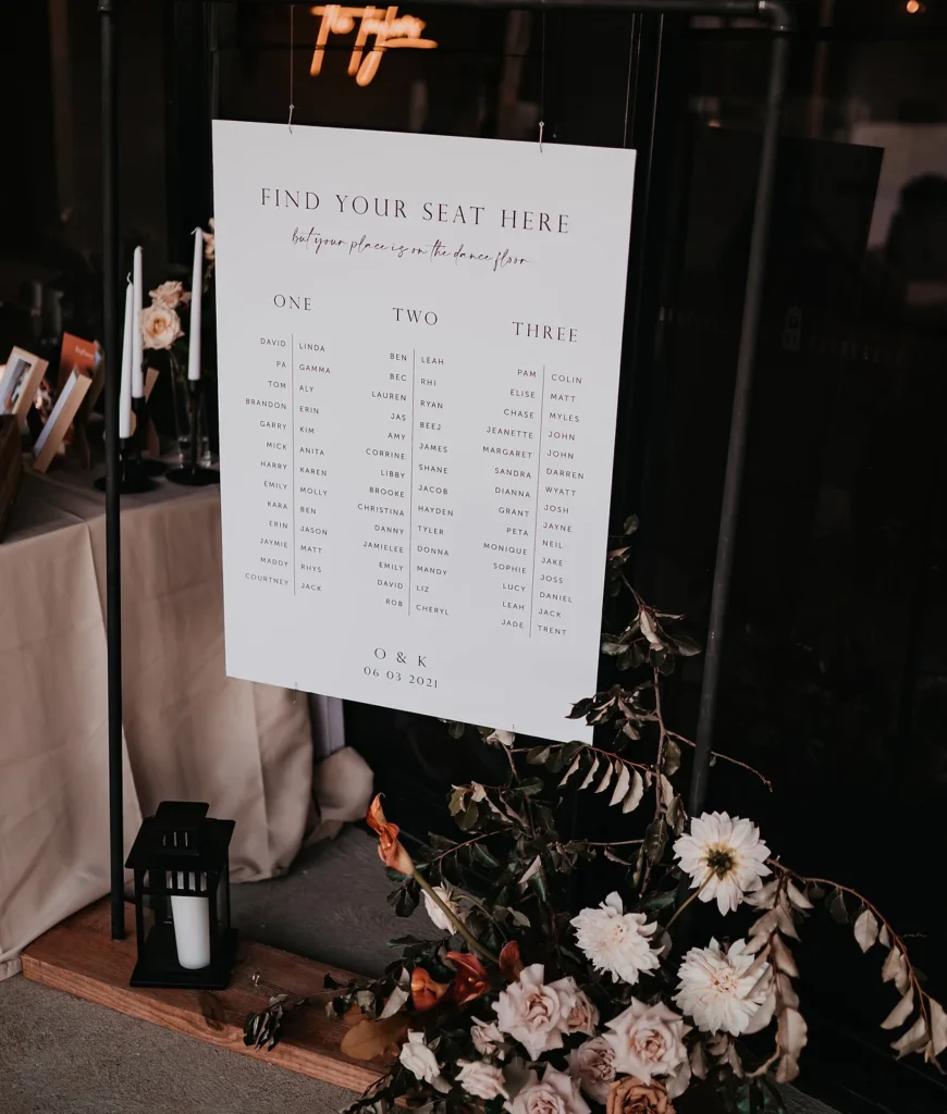 Seating Chart hanging on a stand with flowers and candles at the base.