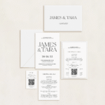 Semi-custom 3-card wedding invitation suite with coloured cardstock and die-cut shapes, designed and printed in Australia.