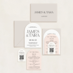 Semi-custom 3-card wedding invitation suite with coloured cardstock and die-cut shapes, designed and printed in Australia.