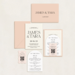 Semi-custom 3-card wedding invitation suite with coloured cardstock and die-cut shapes, designed and printed in Australia.