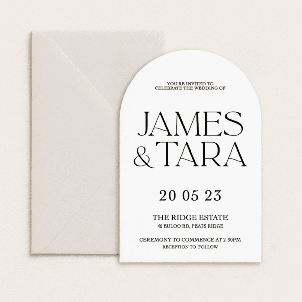 Semi-custom 3-card wedding invitation suite with coloured cardstock and die-cut shapes, designed and printed in Australia.