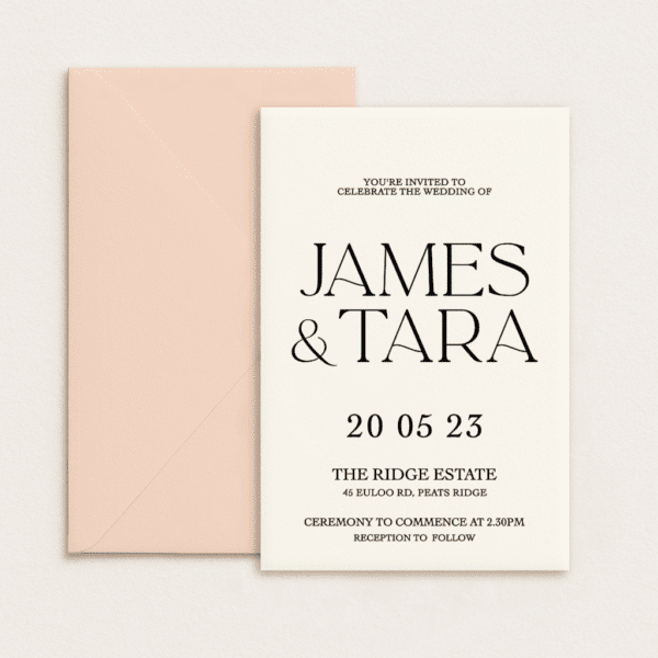 Semi-custom 3-card wedding invitation suite with coloured cardstock and die-cut shapes, designed and printed in Australia.