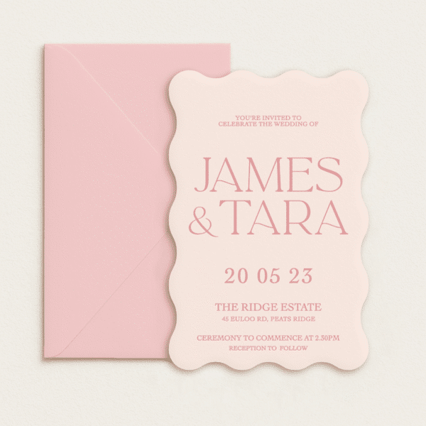 Semi-custom 3-card wedding invitation suite with coloured cardstock and die-cut shapes, designed and printed in Australia.