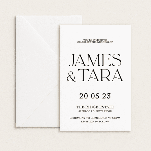 Semi-custom 3-card wedding invitation suite with coloured cardstock and die-cut shapes, designed and printed in Australia.