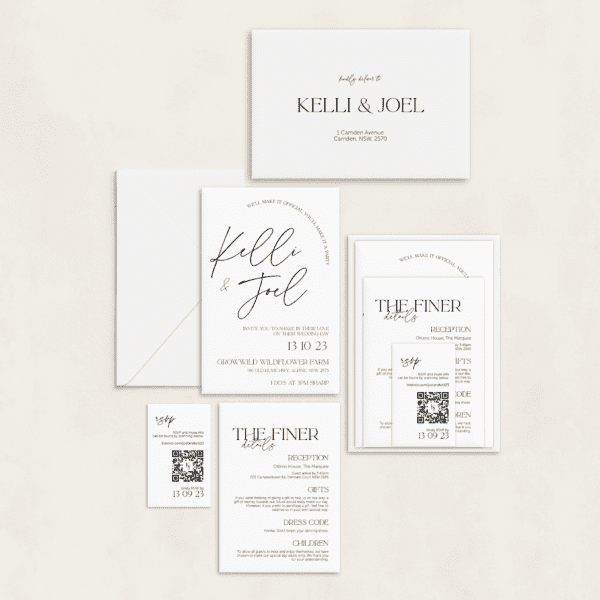 Semi-custom 3-card wedding invitation suite with coloured cardstock and die-cut shapes, designed and printed in Australia.