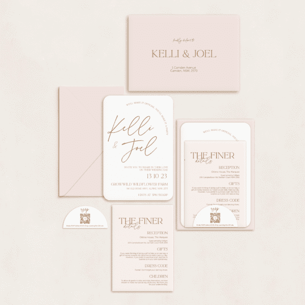 Semi-custom 3-card wedding invitation suite with coloured cardstock and die-cut shapes, designed and printed in Australia.