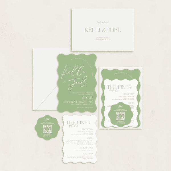 Semi-custom 3-card wedding invitation suite with coloured cardstock and die-cut shapes, designed and printed in Australia.