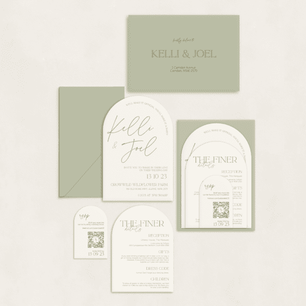 Semi-custom 3-card wedding invitation suite with coloured cardstock and die-cut shapes, designed and printed in Australia.