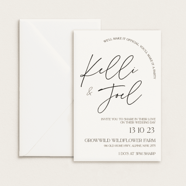Semi-custom 3-card wedding invitation suite with coloured cardstock and die-cut shapes, designed and printed in Australia.
