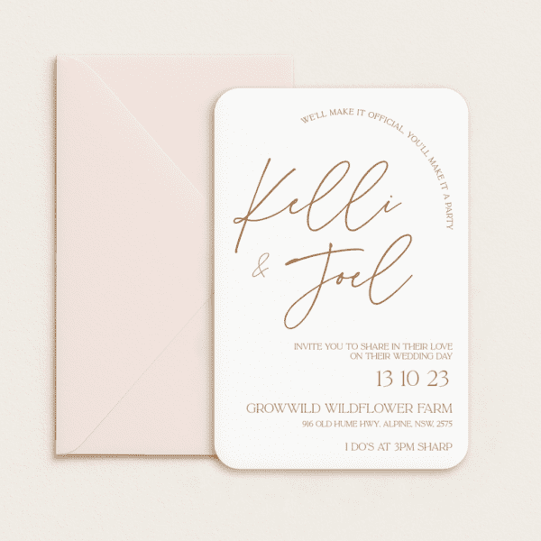 Semi-custom 3-card wedding invitation suite with coloured cardstock and die-cut shapes, designed and printed in Australia.