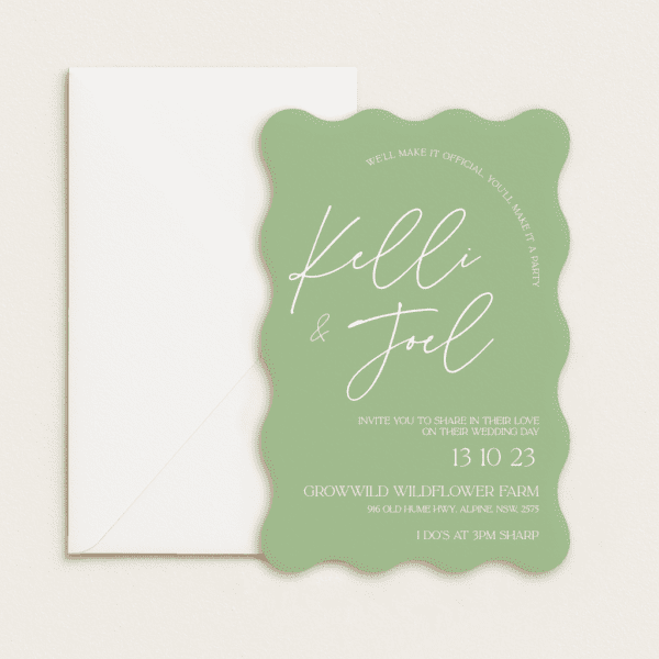 Semi-custom 3-card wedding invitation suite with coloured cardstock and die-cut shapes, designed and printed in Australia.