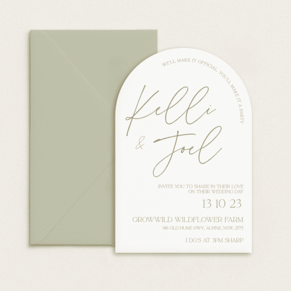 Semi-custom 3-card wedding invitation suite with coloured cardstock and die-cut shapes, designed and printed in Australia.