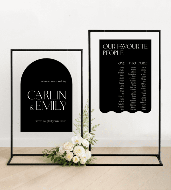 Matching wedding welcome sign and seating chart bundle featuring die-cut shapes and custom colours, printed on premium foamboard for semi-custom wedding styling.
