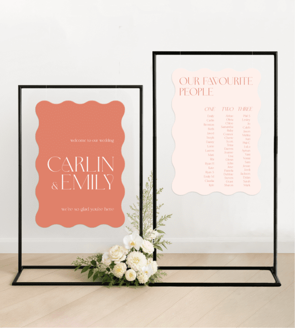 Matching wedding welcome sign and seating chart bundle featuring die-cut shapes and custom colours, printed on premium foamboard for semi-custom wedding styling.
