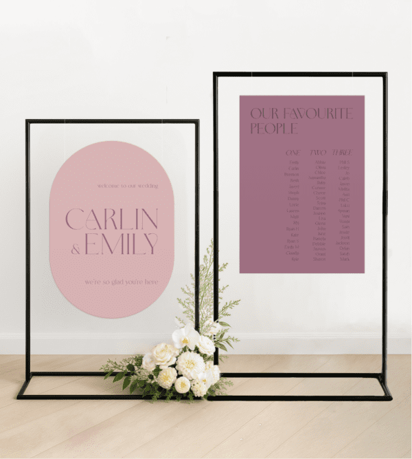 Matching wedding welcome sign and seating chart bundle featuring die-cut shapes and custom colours, printed on premium foamboard for semi-custom wedding styling.