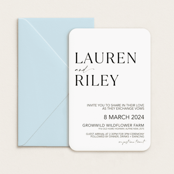 Semi-custom 3-card wedding invitation suite with coloured cardstock and die-cut shapes, designed and printed in Australia.