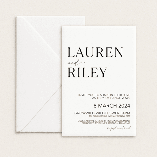 Semi-custom 3-card wedding invitation suite with coloured cardstock and die-cut shapes, designed and printed in Australia.