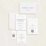 Semi-custom 3-card wedding invitation suite with coloured cardstock and die-cut shapes, designed and printed in Australia.