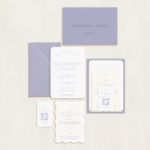 Semi-custom 3-card wedding invitation suite with coloured cardstock and die-cut shapes, designed and printed in Australia.