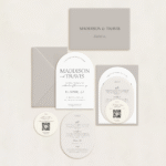 Semi-custom 3-card wedding invitation suite with coloured cardstock and die-cut shapes, designed and printed in Australia.