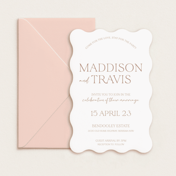 Semi-custom 3-card wedding invitation suite with coloured cardstock and die-cut shapes, designed and printed in Australia.