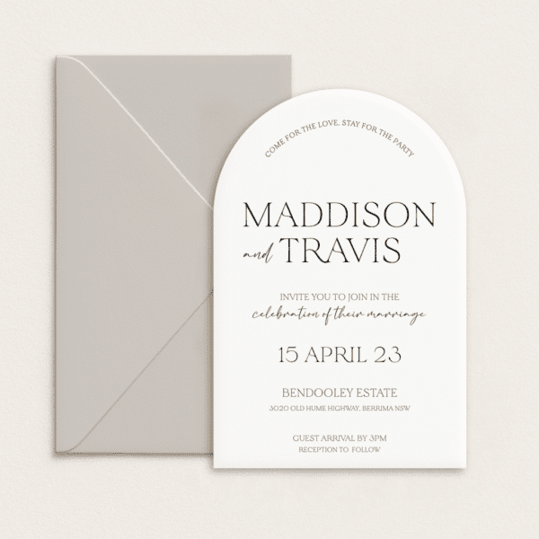 Semi-custom 3-card wedding invitation suite with coloured cardstock and die-cut shapes, designed and printed in Australia.