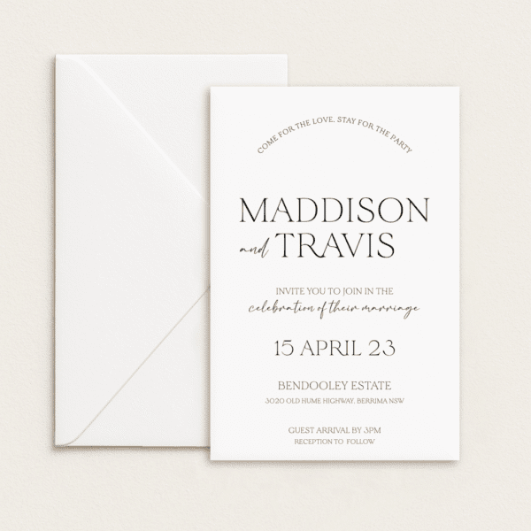 Semi-custom 3-card wedding invitation suite with coloured cardstock and die-cut shapes, designed and printed in Australia.