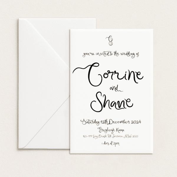 Semi-custom 3-card wedding invitation suite with coloured cardstock and die-cut shapes, designed and printed in Australia.