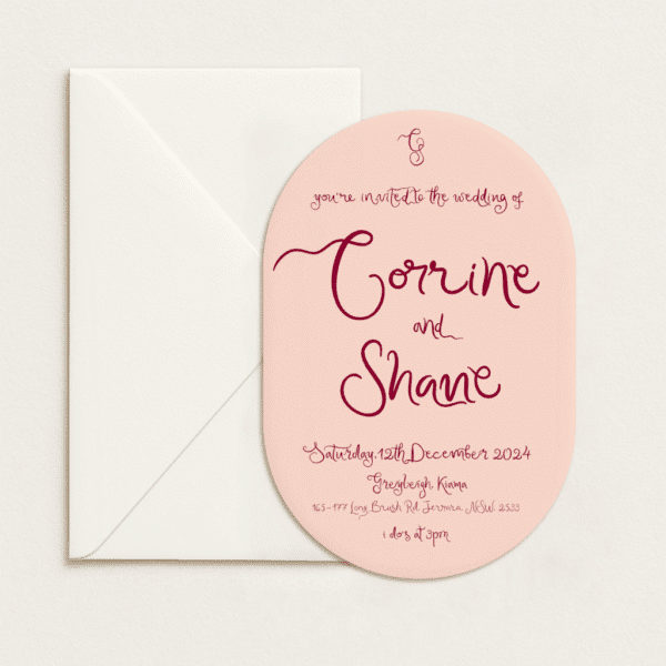 Semi-custom 3-card wedding invitation suite with coloured cardstock and die-cut shapes, designed and printed in Australia.