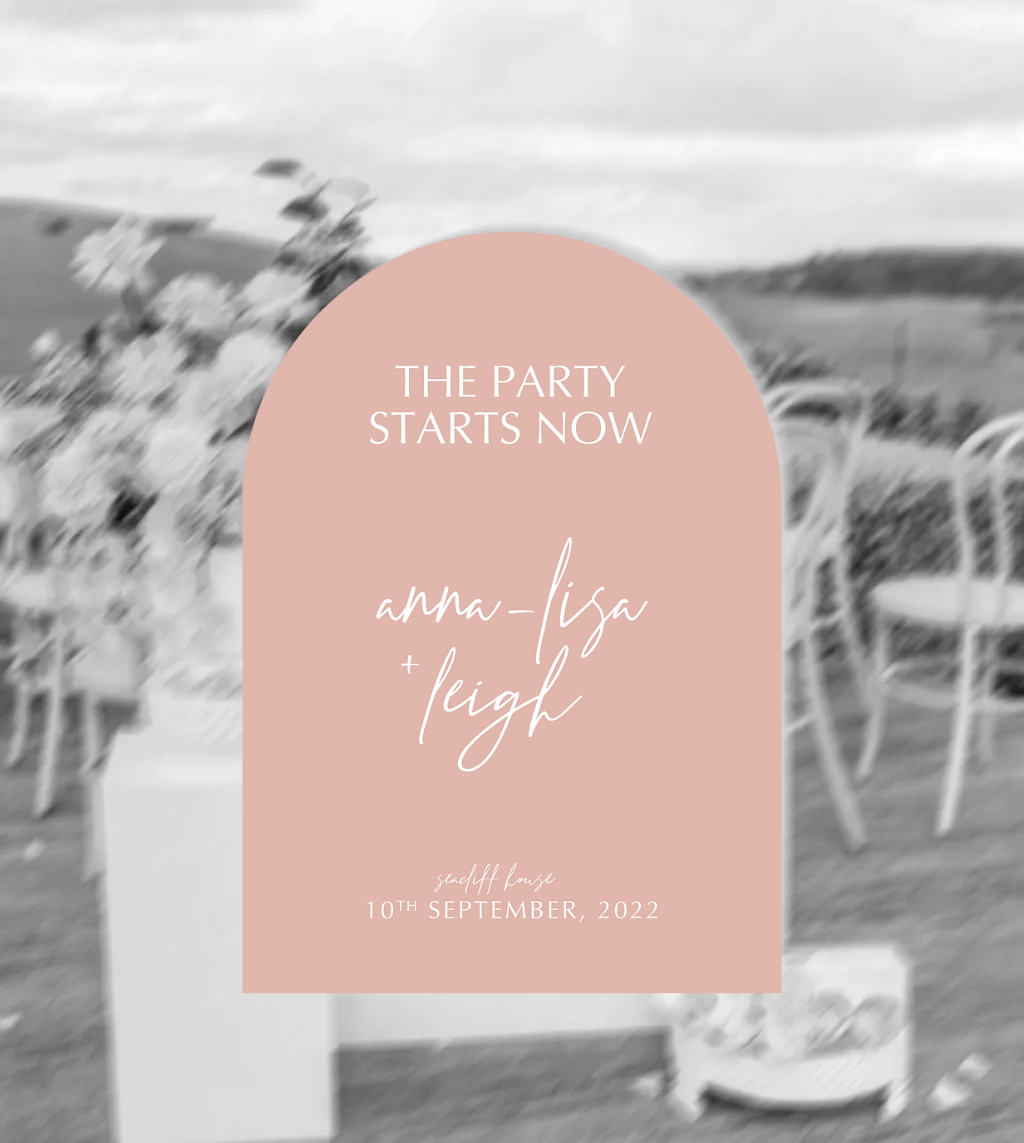 Black and white filtered photo of a wedding ceremony with a coloured arch welcome sign layered on top.