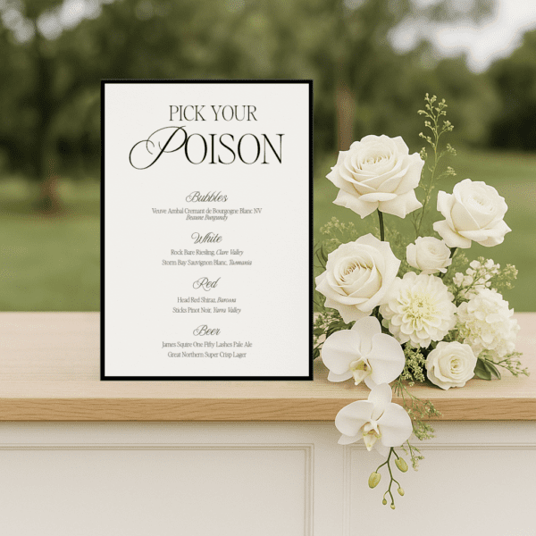 Semi-custom wedding bar menu sign featuring a romantic design with modern fonts, displayed as part of a cohesive wedding stationery suite.