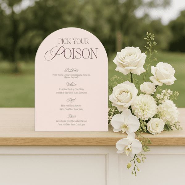 Semi-custom wedding bar menu sign featuring a romantic design with modern fonts, displayed as part of a cohesive wedding stationery suite.