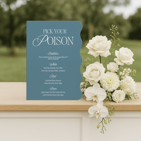 Semi-custom wedding bar menu sign featuring a romantic design with modern fonts, displayed as part of a cohesive wedding stationery suite.