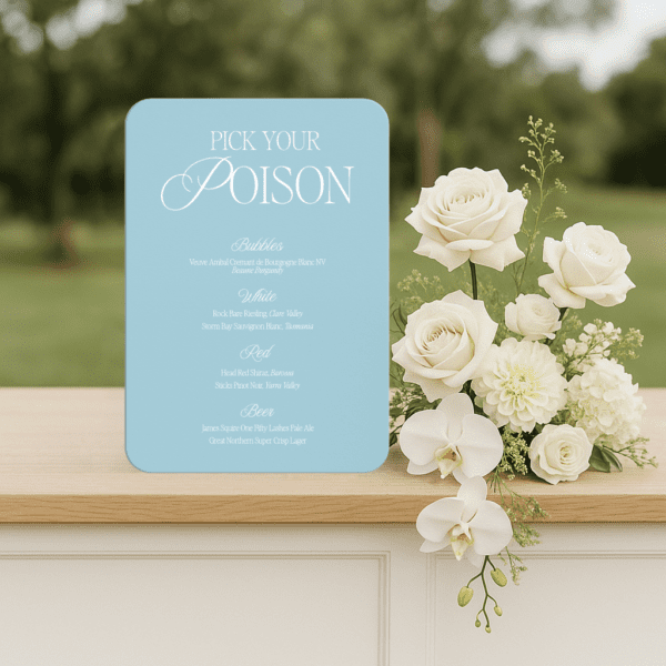 Semi-custom wedding bar menu sign featuring a romantic design with modern fonts, displayed as part of a cohesive wedding stationery suite.