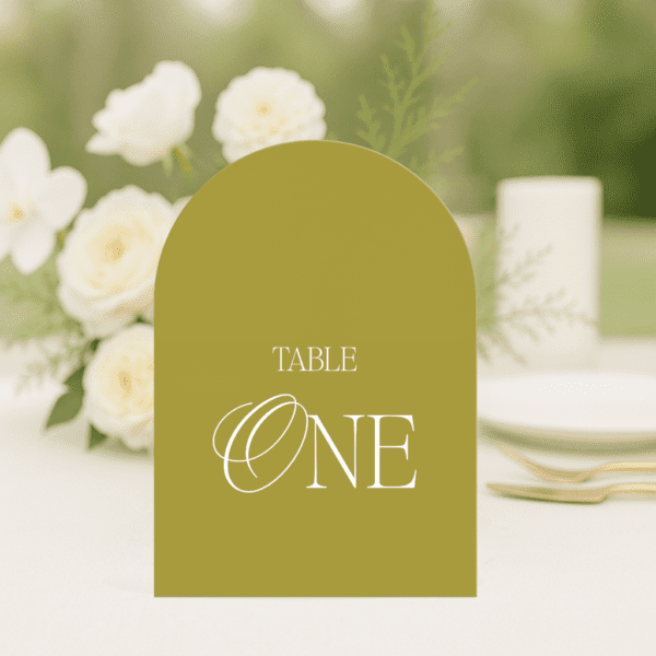 So Chic wedding table number in arch shape featuring romantic, modern fonts and soft colour palette, styled for an elegant reception table.
