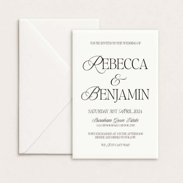 Semi-custom 3-card wedding invitation suite with coloured cardstock and die-cut shapes, designed and printed in Australia.