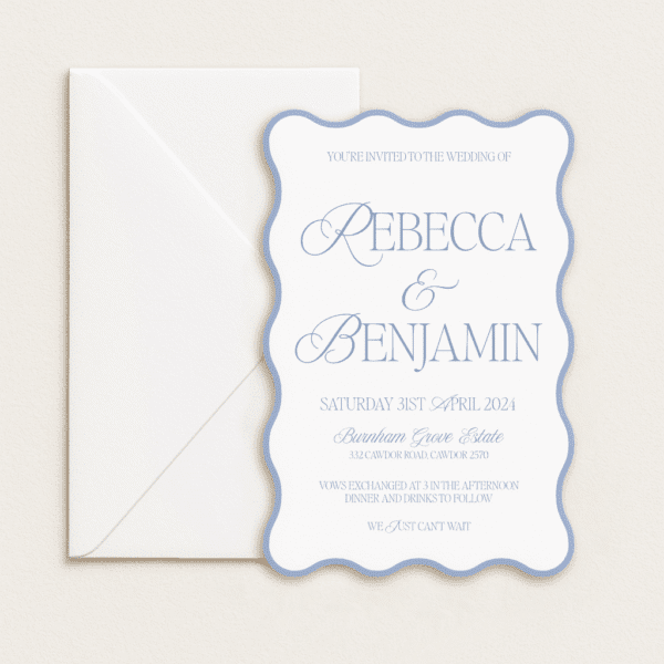 Semi-custom 3-card wedding invitation suite with coloured cardstock and die-cut shapes, designed and printed in Australia.
