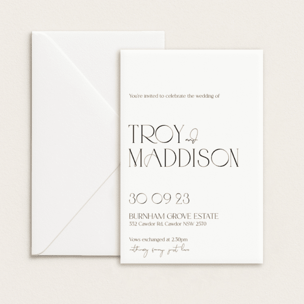 Semi-custom 3-card wedding invitation suite with coloured cardstock and die-cut shapes, designed and printed in Australia.
