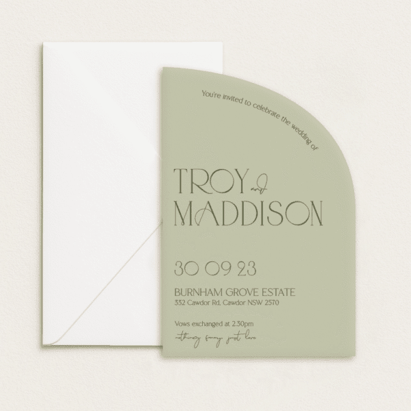 Semi-custom 3-card wedding invitation suite with coloured cardstock and die-cut shapes, designed and printed in Australia.